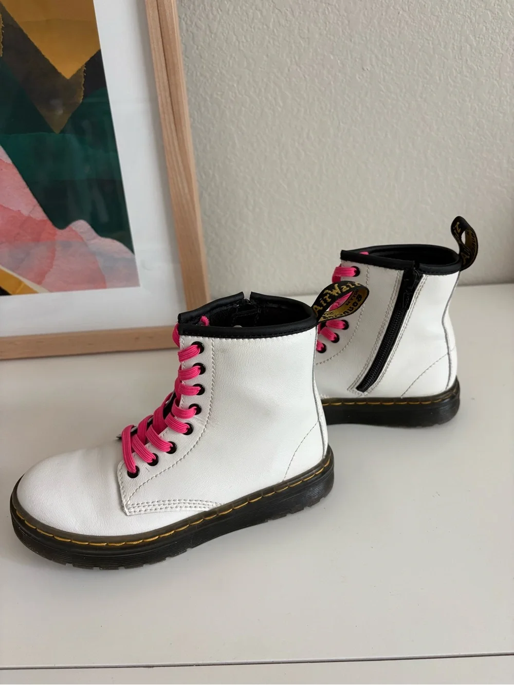 Dr. Martens White Leather Kids Boots with Pink Laces
